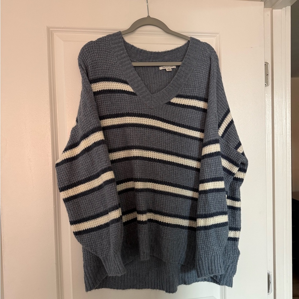 American Eagle Outfitters Blue and White Striped V-Neck Sweater